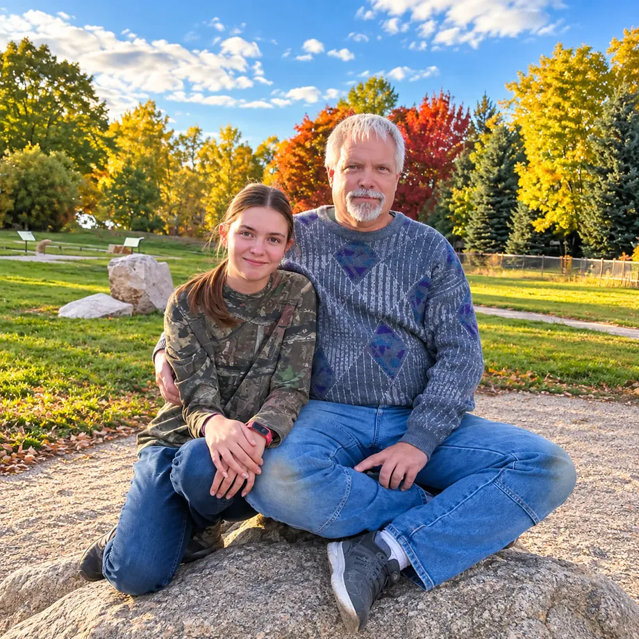 Damon Ginnow with a family member, sitting together outdoors