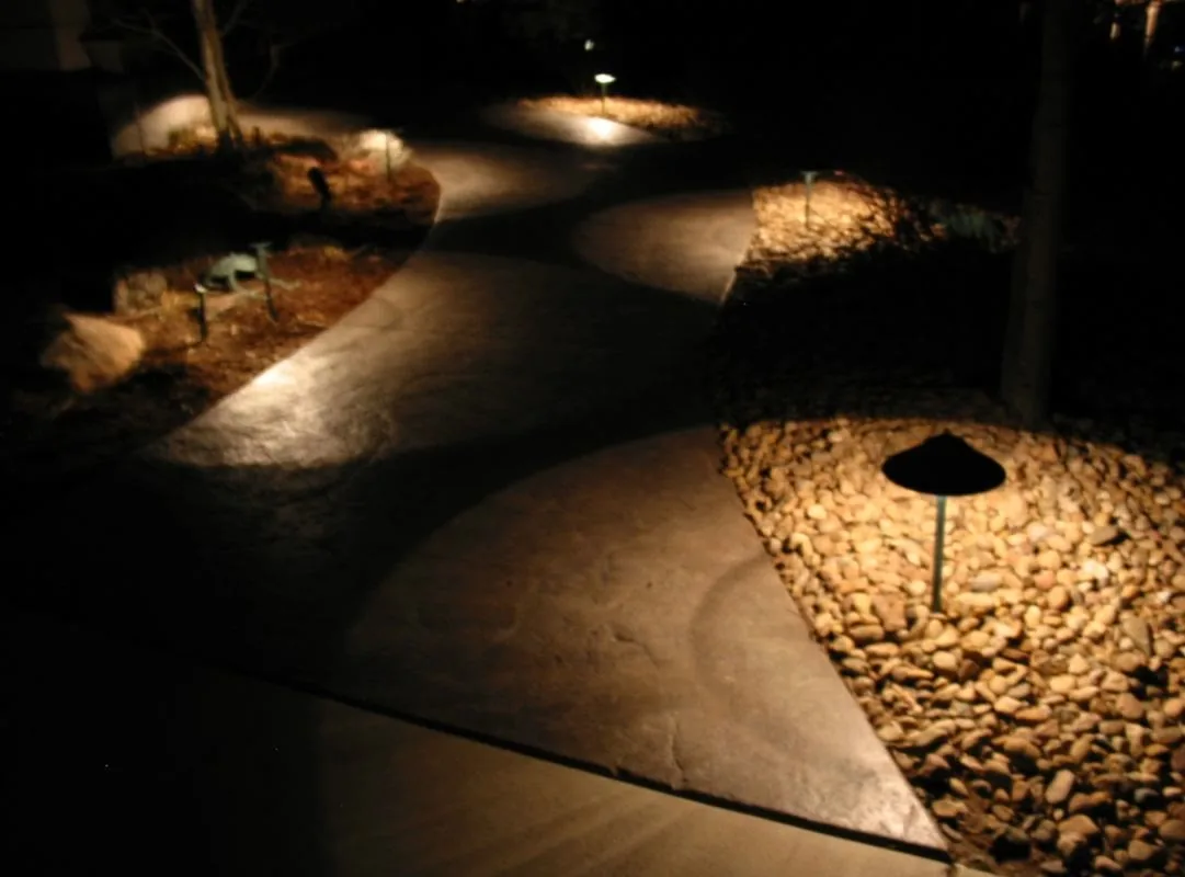 Path lights along a curved walkway at night
